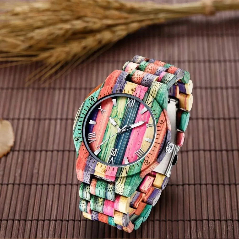 Men's Q1057 Handmade Colorful Bamboo Engraved Analog Quartz Wooden Watch